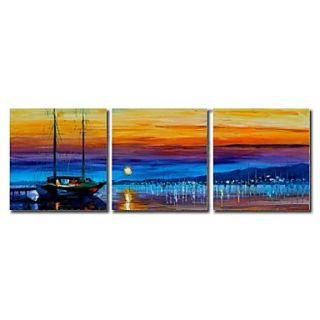 Hand Painted Oil Painting Landscape Fish Boat in The Night with Stretched Frame Set of 3