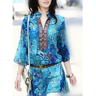 Womens Stand Collar Floral Chiffon Blouse