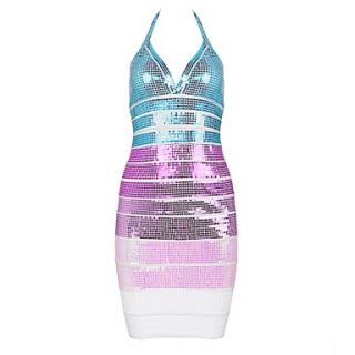 Ombre Sequins Halter Open Back Sexy Bodycon Bandage Dress