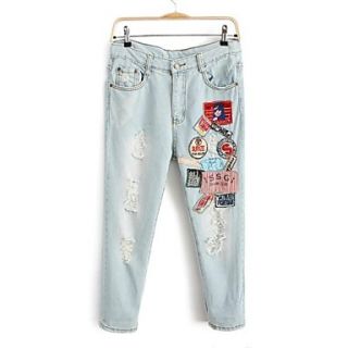 Womens New Letters Patch Holes Ninth Denim Jeans Pants