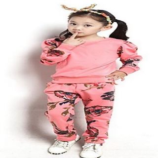 Girls Round Collar Flora Print Two Pieces Clothing Sets