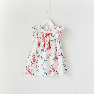 Girls Round Neck Bow Floral Print Fly Sleeve Dress