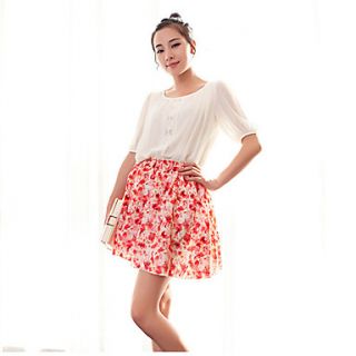 Newcomerland Floral Chiffon Pleated Commuter Skirt(Red)
