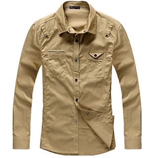 Senyue Mens Cotton Pure Color Long Sleeve Shirt (Khaki)