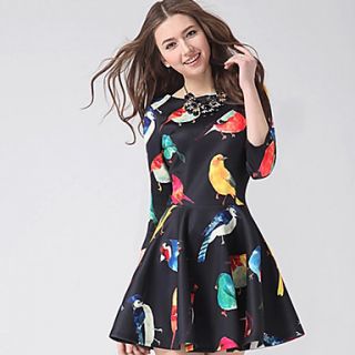 Loongzy Womens Round Neck Floral Print 3/4 Sleeve Black Dress