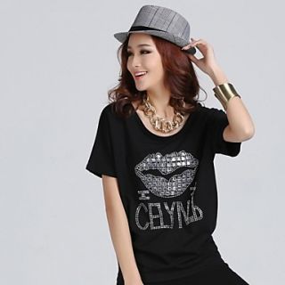 Womens O Collar Drilling Large Lips Batwing Sleeve Tees