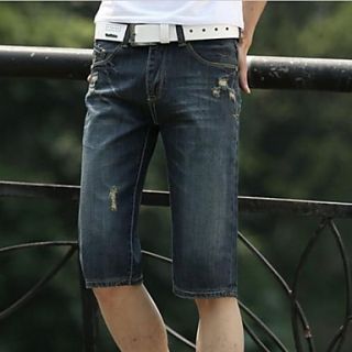 Mens Fashion Casual Mid Length Ripped Denim Shorts(Belt Not Included)