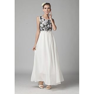 Swd Fashion Waisted Floral Stitching Chiffon Dress (White)