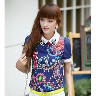 Womens Lapel Han Edition Printing Hand Jewel Encrusted Blouse