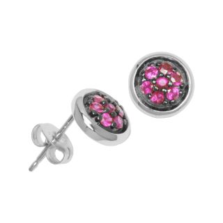 Rhodium Plated Sterling Silver Ruby Button Earrings, White