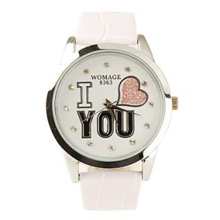 Womens I Love You Pattern White PU Band Quartz Analog Wrist Watch