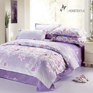 Duvet Cover Set,4 Piece Reactive Print 100% Cotton Botanical Floral Purple