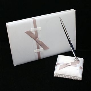Pure Elegant Wedding Guest Book And Pen Set In White With Bow