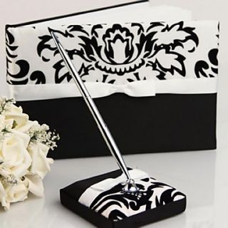 Damask Design Wedding Guest Book and Pen Set in Satin With Ribbon