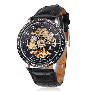 Mens Mechanical Hollow Gold Dial Black PU Band Analog Wrist Watch