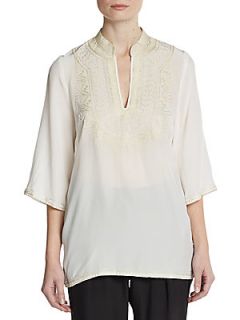 Embroidered Silk Top   White Ivory