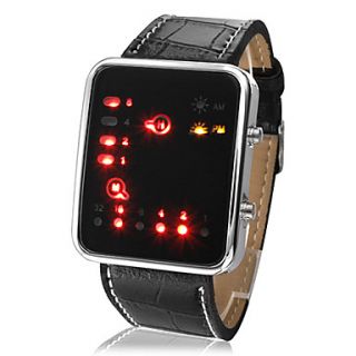 Unisex LED Binary System Display Black PU Leather Wrist Watch