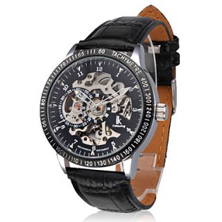 Mens Auto Mechanical Hollow Black Dial PU Band Wrist Watch