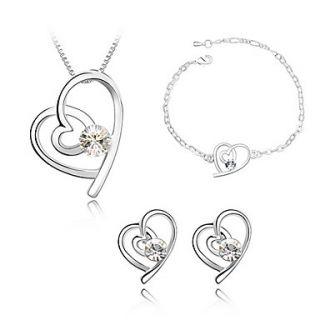Ladies Heart Shape Crystal Jewelry Sets In Sliver Alloy Including Necklace Earrings Bracelet More Colors Available