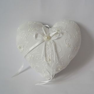 White Heart Shaped Ring Pillow With Ribbon