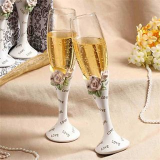 Diamond embedded Rose Design Wedding Toasting Flutes
