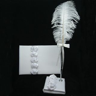 White Satin Rose Guest Book And Pen Set With Feather