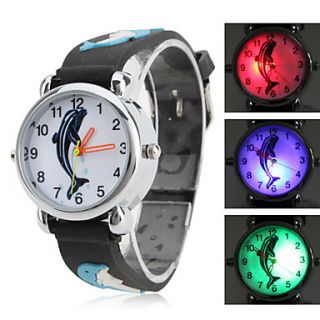 Childrens Dolphin Style Silicone Analog Quartz Wrist Watch with Flashing LED Light (Black)