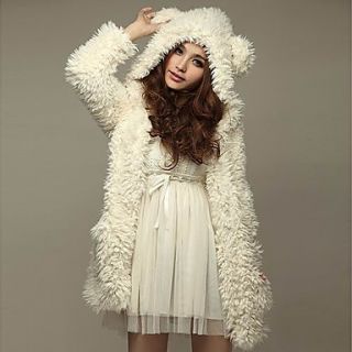 Long Sleeve Hooded Collar Evening/ Career Faux Fur Coat With Pockets