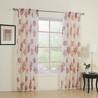 (One Pair) Red Flower Print Sheer Curtain