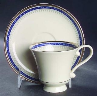Pickard Grace Footed Cup & Saucer Set, Fine China Dinnerware   Blue Band,Scrolls