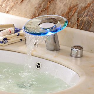 LED Waterfall Two Handles Hydroelectric Power Glass Bathroom Sink Faucet Chrome Finish