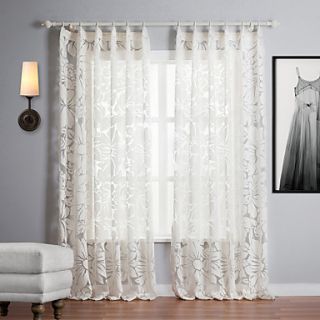 (One Pair) White Floral Jacquard Sheer Curtain