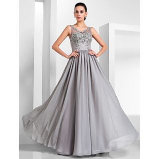 A line V neck Floor length Chiffon And Tulle Evening Dress
