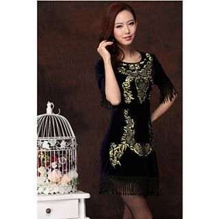 Womens High End Baroque Embroidery Dress with Fringe Hem