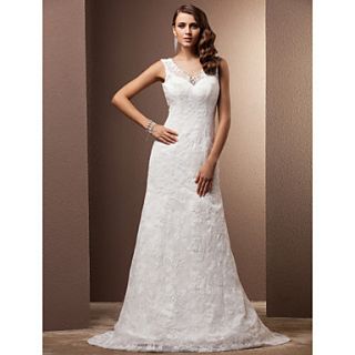 Sheath/Column V neck Court Train Lace Wedding Dress