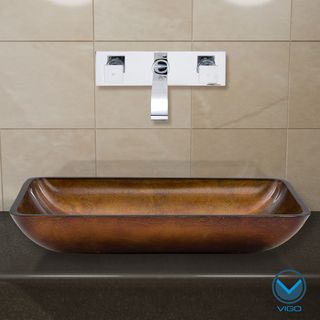 Vigo Rectangular Russet Glass Vessel Sink/ Chrome Wall Mount Faucet Set