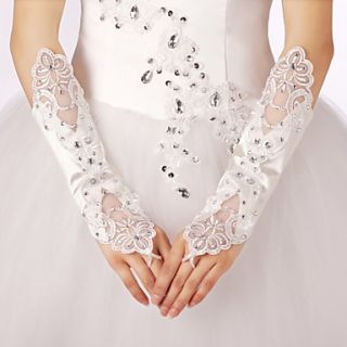 Stylish Satin/Lace Fingerless Elbow Length Wedding/Evening Gloves With Rhinestone