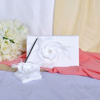 Guest Book and Pen Set In White Satin With Pretty Flower
