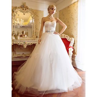 A line Ball Gown Sweetheart Sweep/Brush Train Tulle And Satin Wedding Dress (604633)