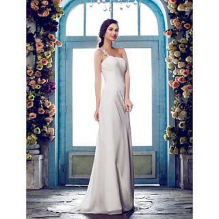 Sheath/Column One Shoulder Sweep/Brush Train Chiffon Wedding Dress (636696)