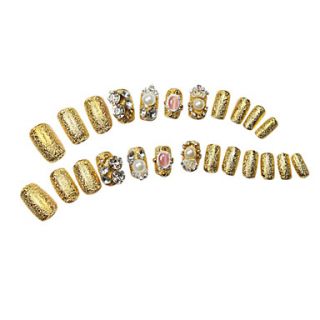 24Pcs Golden Glitter Power Crown Rhinestone Studded Long Nail Tips With Glue