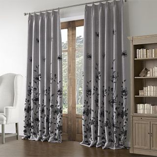 (One Pair) Country Linen Flocking Floral Energy Saving Curtain