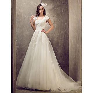 A line Princess Queen Anne Sweep/Brush Train Tulle And Lace Wedding Dress (632813)