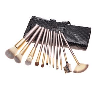 12PCS Coffee Handle Cosmetic Brush Set With Diamond Check Leather Pouch