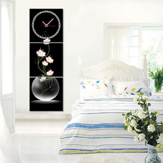Modern Style Pink Floral Wall Clock in Canvas 3pcs