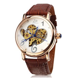 Womens Heart Hollow Style Gold Dial PU Analog Auto Mechanical Wrist Watch (Assorted Colors)
