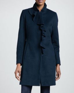 Womens Asymmetric Ruffle 3/4 Length Coat   DKNY