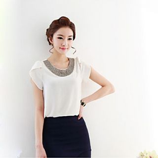 Womens Beads Neckline Short Sleeve Chiffon T shirts