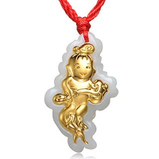 Amazing Pure Gold With Jade Ginseng Baby Pendant Womens Necklace (Sennit Neck Chain)