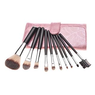 10PCS Black Handle Cosmetic Brush Set With Lightning Pink Leather Pouch